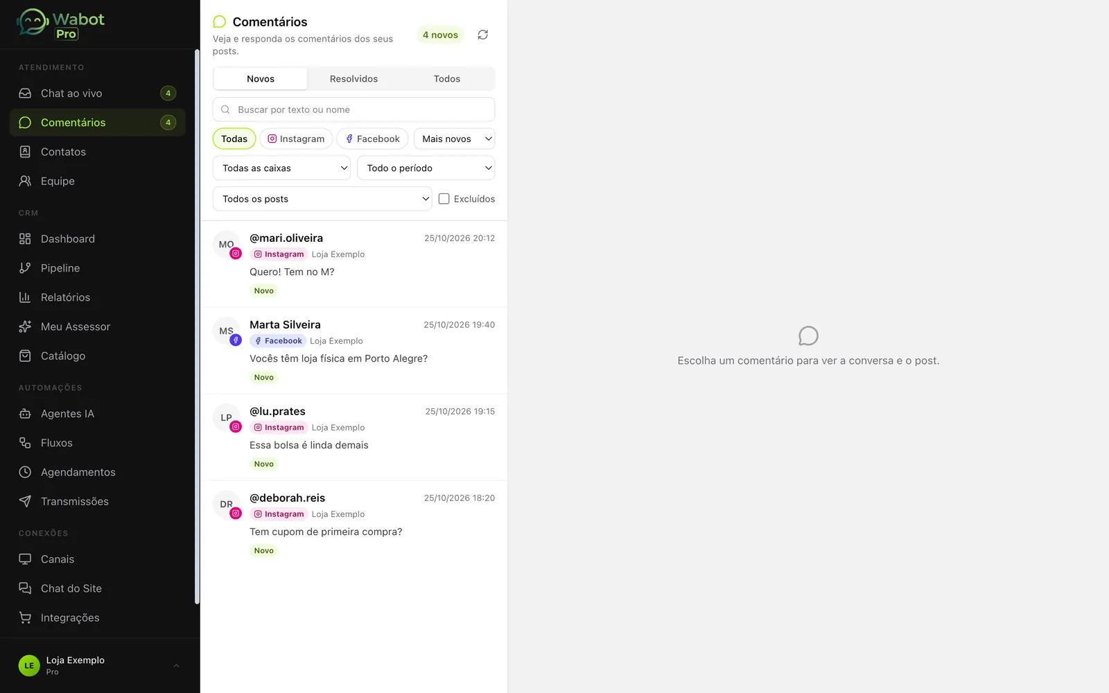 Caixa de comentários do Instagram e do Facebook no Wabot
