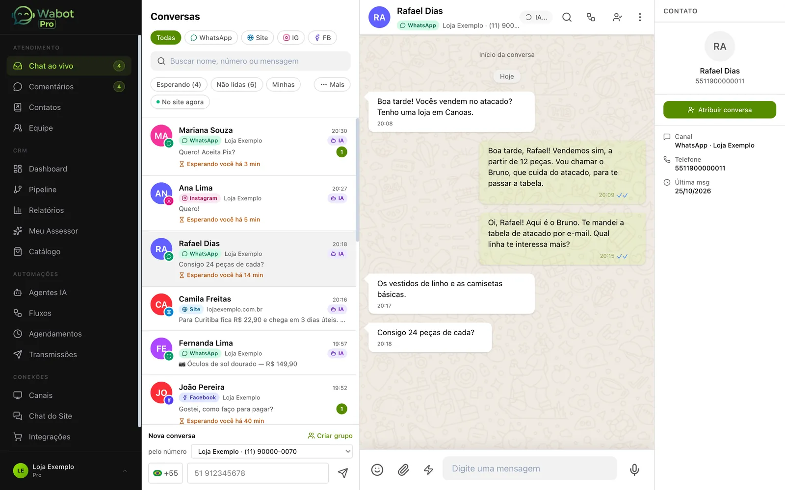 Conversa em que a IA passa um pedido de atacado para o Bruno, da equipe