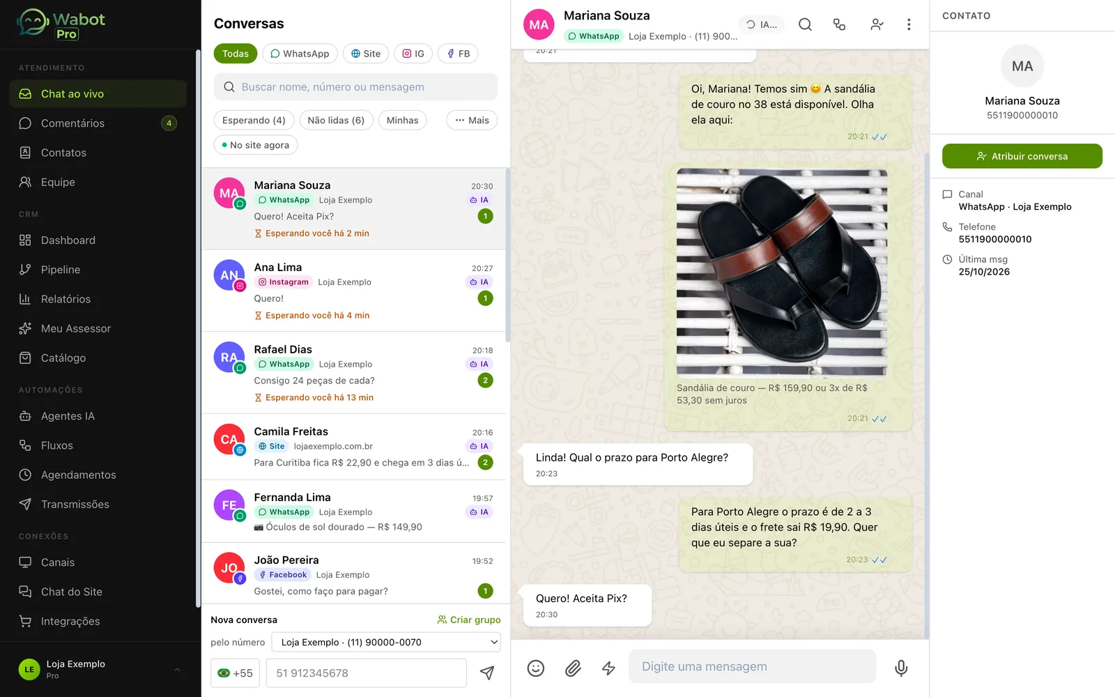 Conversa no WhatsApp em que o agente de IA responde com foto, preço e frete